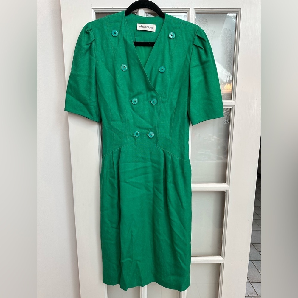 Vintage Albert Nipon Linen Emerald Double-Breasted Military Midi Dress Size 4